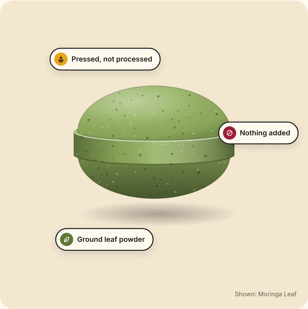 A Moringa Leaf pill: ground leaf powder, pressed, nothing added