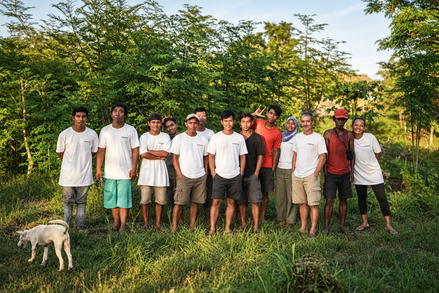 The Primitiva team standing in front of moringa trees on the plantation in Lombok